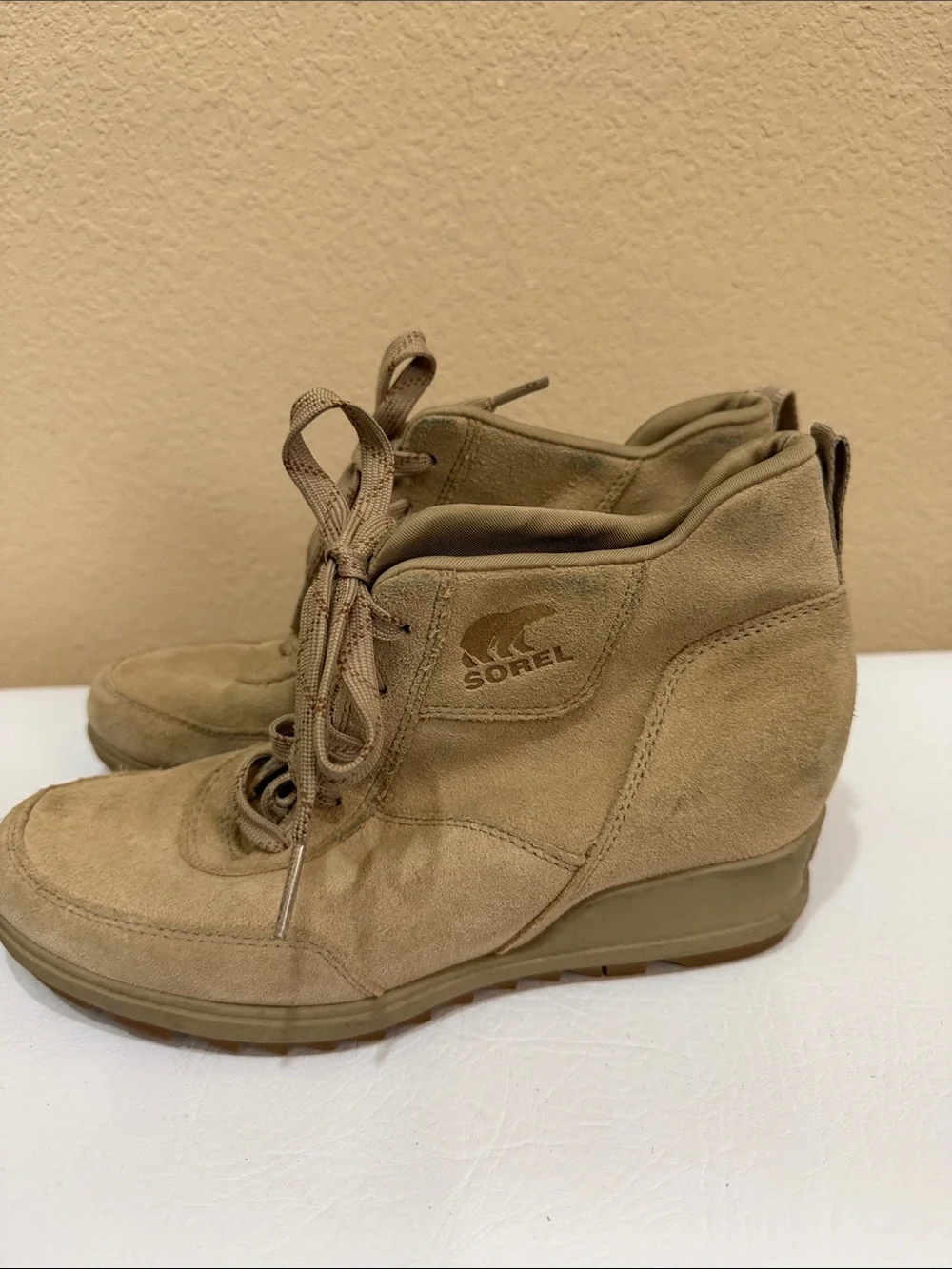 Sorel Beige Suede Lace-Up Wedge Sneakers